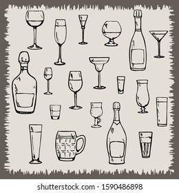 Set of bar dishes on a beige background. Vector illustration of wine bottles, glass goblets, glasses, wineglasses, mugs for alcoholic drinks and cocktails. Hand drawn restaurant equipment silhouettes.