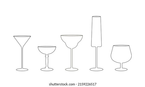 Set of bar glasses in a line art style on a white background.