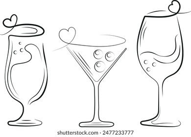 conjunto de copas de bar, a saber, martini, copas de vino y cóctel dibujadas en estilo line art, para logotipos, carteles o diseño