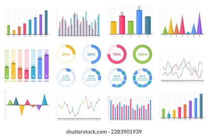 Set of bar graphs and line charts, circle progress indicators, vector eps10 illustration