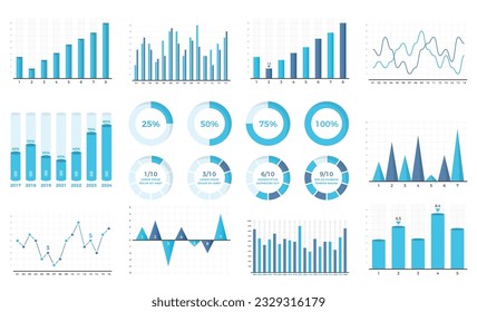 Set of bar graphs and line charts, circle progress indicators, vector eps10 illustration