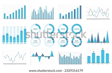 Set of bar graphs and line charts, circle progress indicators, vector eps10 illustration