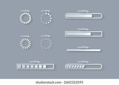 set of bar loading icons, load vector white papercut style process icons in white