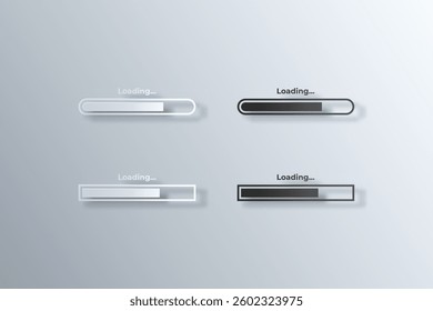 set of bar loading icons, white and black papercut style load icons 