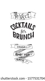Set for bar menu board - vector inscription or lettering Perfect cocktails for brunch. Name of cocktails in hand writing ribbon isolated on white background. EPS10