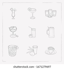 Set of bar menu icons line style symbols with beer steins, negroni, tekila shots and other icons for your web mobile app logo design.