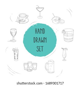 Set of bar menu icons line style symbols with green tea, tekila shots, irish coffee and other icons for your web mobile app logo design.