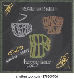 Set of bar menu in lettering style stylized drawing of colored chalk on a school blackboard