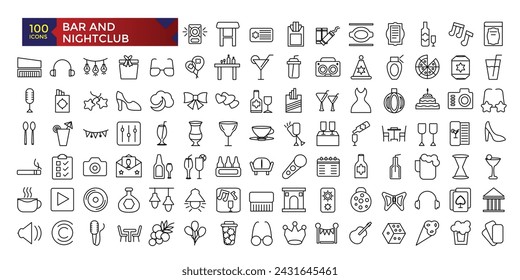 Set of Bar and Nightclub outline mixology icons. Minimalist thin linear web ui icon set. vector illustration.