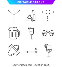 Conjunto de iconos de esquema de barra. Vino, Vidrio, Botella, Cerveza, Fumador, Corkbolt, Sombrero de cócteles y más. Stroke editable. Vector Eps 10