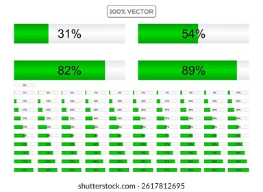 Set of bar percentage diagrams from 0 to 100 ready-to-use for web design, user interface (UI) or infographic - indicator with green