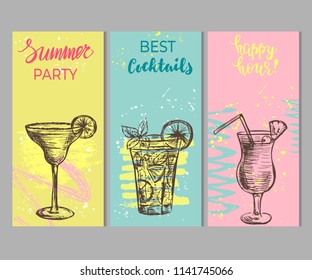 Set of bar or restaurant templates with hand drawn cocktails and text.