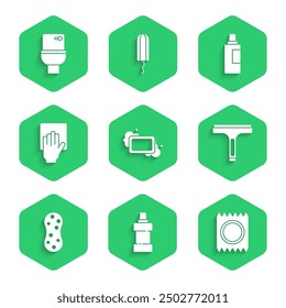 Conjunto Barra de jabón, botella para agente de limpieza, paquete de condón sexo seguro, limpiador de goma, esponja, servicio de limpieza e icono de taza de inodoro. Vector