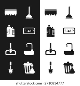 Set Bar of soap, Bottles for cleaning agent, Sponge with bubbles, Rubber plunger, Mop, Washbasin water tap, Trash can and garbage bag and Toilet brush icon. Vector