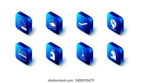 Set Bar of soap, Brush for cleaning, Home service, Bottle agent, Handle broom, Dishwashing liquid bottle, Basin with suds and Washing dishes icon. Vector