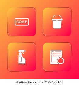 Conjunto Barra de jabón, cubo, botella de spray con líquido detergente e icono de lavavajillas de cocina. Vector