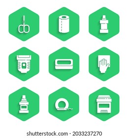 Set Bar of jabón, Dental floss, Antisuperspirant desodorante roll, Servicio de limpieza, Botella de lavado de boquilla, Epilador, Botella para el agente de limpieza e icono de las tijeras de uñas. Vector