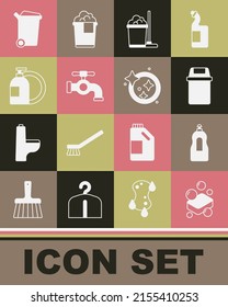 Set Bar de jabón, botella de lavavajillas líquido, lata de basura, cubo y cremallera, grifo de agua e icono de lavar platos. Vector