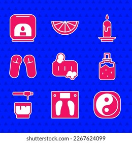 Set Bar of soap with foam, Bathroom scales, Yin Yang, Spa salt, Honey dipper stick and bowl, Slipper, Burning candle and Aroma lamp icon. Vector