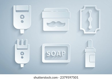 Set Bar of soap avec mousse, Blade razor, Electrical hair clipper shaver, Beard and mustaches soigner bouteille d'huile, Crème lotion cosmétique jar et lame pour hommes icône. Image vectorielle