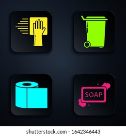 Set Bar of soap with foam , Cleaning service , Toilet paper roll  and Trash can . Black square button. Vector