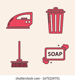 Set Bar of soap with foam , Electric iron , Trash can  and Mop  icon. Vector