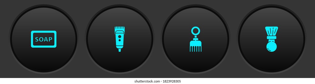 Set Seifenleiste mit Schaumstoff, Elektrischer Haarschneider oder Rasierer, Haarbürste und Shave-Symbol. Vektorgrafik.