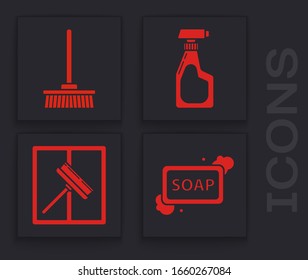 Set Bar of soap with foam , Mop , Cleaning spray bottle with detergent liquid  and Squeegee, scraper, wiper icon. Vector