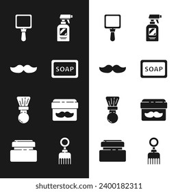 Set Bar de jabón con espuma, Mustache, espejo de mano, botella de spray de pistolera de peluquería, cepillo de jabón, tarro cosmético de crema loción, cepillo de pelo e ícono de tubo. Vector