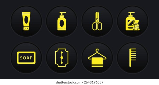 Set Bar de sabão com espuma, gel de barbear e escova, navalha de lâmina, toalha no cabide, cabeleireiro de tesoura, tubo cosmético de loção de creme, escova de cabelo e ícone. Vetor