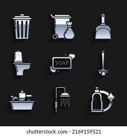 Set Bar of soap with foam, Shower head water drops flowing, Plastic bottles for liquid dishwashing liquid, Toilet brush, bowl, Dustpan and Trash can icon. Vector