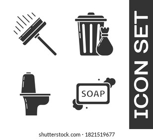 Set Bar of soap with foam , Squeegee, scraper, wiper, Toilet bowl  and Trash can and garbage bag  icon. Vector