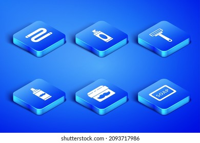 Set Bar of soap with foam, Towel, Cream or lotion cosmetic jar, Shaving gel,  and razor icon. Vector