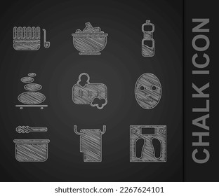 Set Bar of soap with foam, Towel on hanger, Bathroom scales, Facial cosmetic mask, Sauna bucket and ladle, Stack hot stones, Bottle water and  icon. Vector