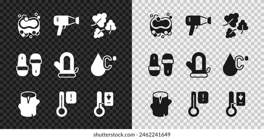 Set Bar of soap, Hair dryer, Oak leaf, Wooden log, Sauna thermometer, slippers and mitten icon. Vector