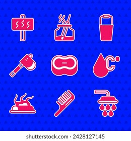 Set Bar of soap, Hairbrush, Shower, Water temperature, Campfire, Wooden axe, Sauna bucket and  icon. Vector