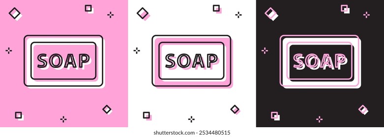 Set Bar of soap icon isolated on pink and white, black background. Soap bar with bubbles.  Vector