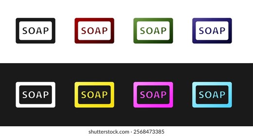 Set Bar of soap icon isolated on black and white background. Soap bar with bubbles.  Vector