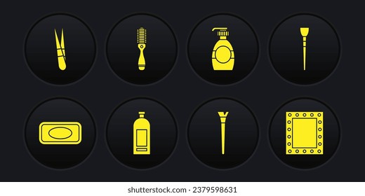 Set Bar of soap, Makeup brush, Bottle shampoo, liquid, Hairbrush, mirror with lights and Eyebrow tweezers icon. Vector