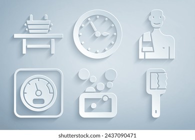 Set Bar of soap, Man in the sauna, Sauna thermometer, brush, clock and bench with bucket icon. Vector