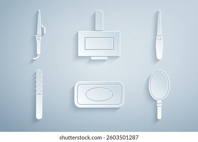 Set Bar of soap, Nail file, Hand mirror, polish bottle and Curling iron icon. Vector