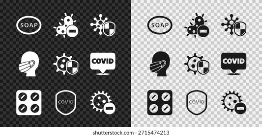 Set Bar der Seife, Negative Virus, Schild Schutz vor, Pillen Blisterpackung, Gesicht medizinische Schutzmaske und Symbol. Vektorgrafik