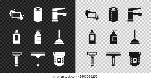 Set Bar of soap, Paper towel roll, Water tap, Shaving razor, Rubber cleaner, Epilator, Bottle for cleaning agent and shampoo icon. Vector