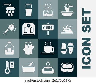 Set Bar of soap, Sauna slippers, Campfire, Aroma diffuser, Bathroom scales, Wooden axe, Shower and  icon. Vector