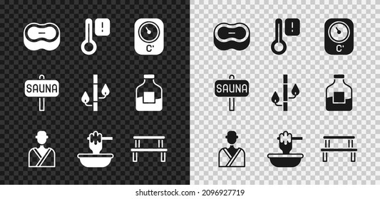 Set Bar of soap, Sauna thermometer, Man in sauna, Honey dipper stick with bowl, wood bench,  and Bamboo icon. Vector