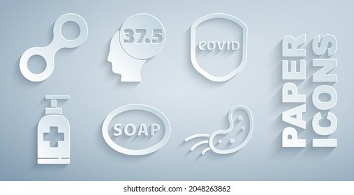 Set Bar of soap, Shield protecting from virus, Bottle liquid antibacterial, Virus, High human body temperature and  icon. Vector