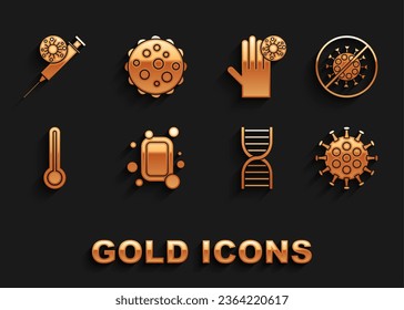 Colocar barra de jabón, Parar virus, virus, símbolo de ADN, termómetro médico, Mano con, Jeringa e icono. Vector
