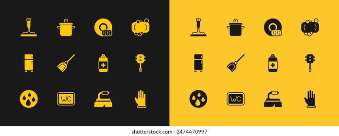 Set Bar of soap, Toilet, Antibacterial, Brush for cleaning, Dustpan, Washing dishes, Rubber cleaner windows and Cooking pot icon. Vector