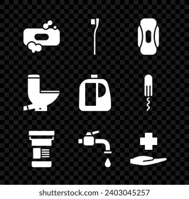 Set Bar of soap, Toothbrush, Sanitary napkin, Medicine bottle, Water tap, Cross hospital medical, Toilet bowl and Bottles for cleaning agent icon. Vector
