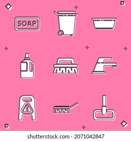 Set Bar of soap, Trash can, Plastic basin, Fabric softener, Brush for cleaning, Water tap, Wet floor and progress and  icon. Vector